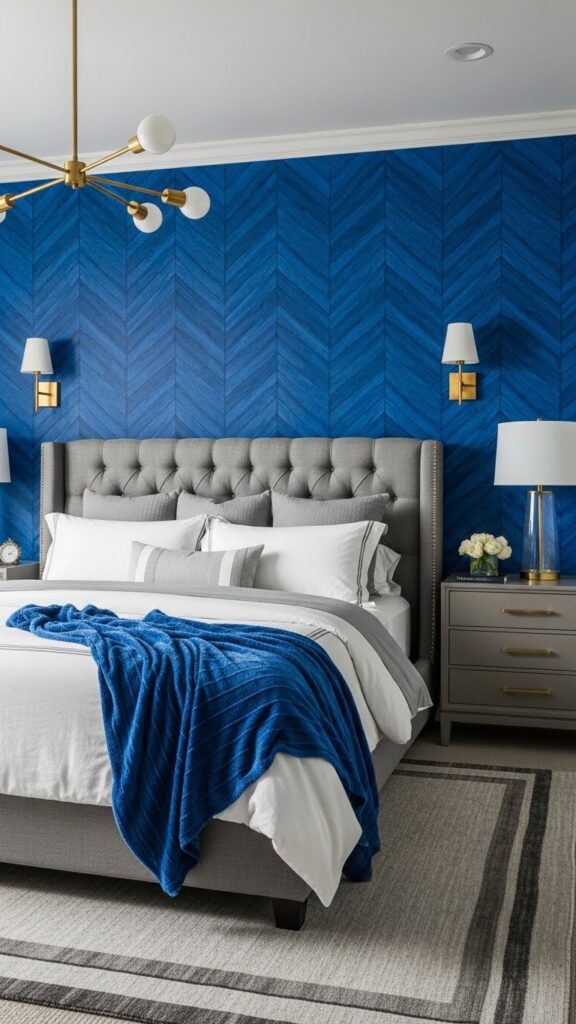 Rich cobalt blue herringbone pattern wallpaper in transitional style bedroom