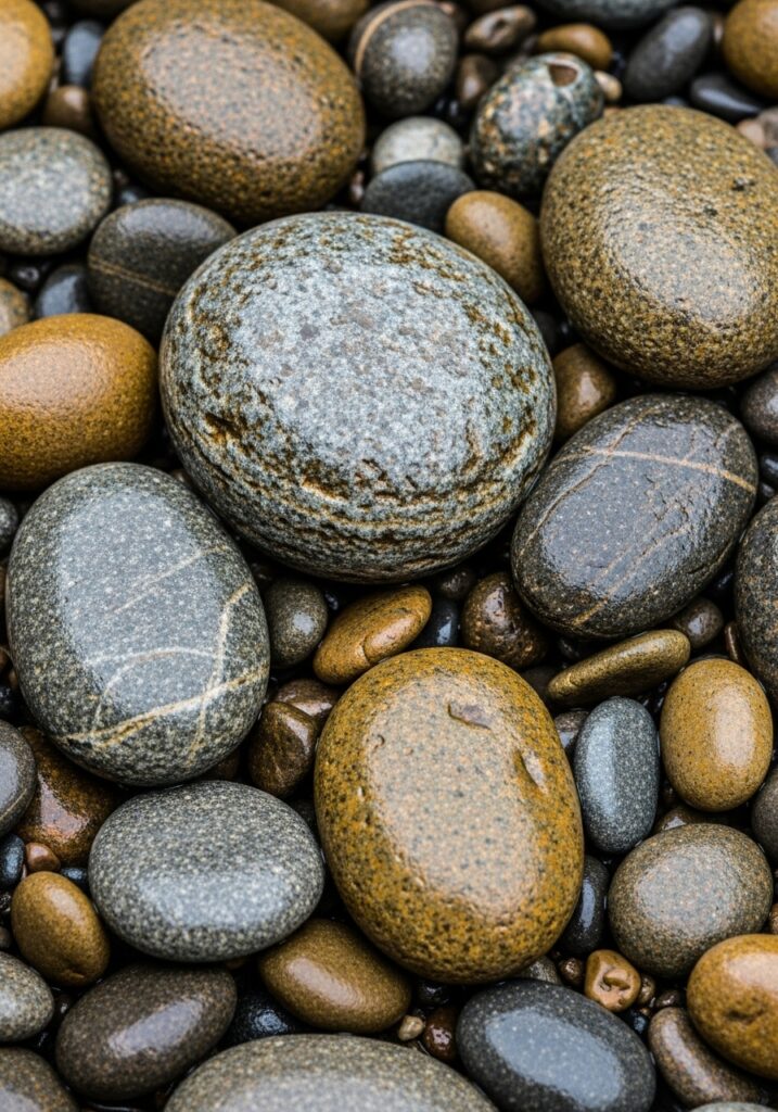 Close-up of smooth river rocks in various sizes creating natural border