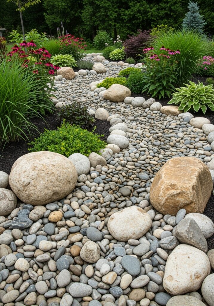 River rock dry creek border winding through garden landscape