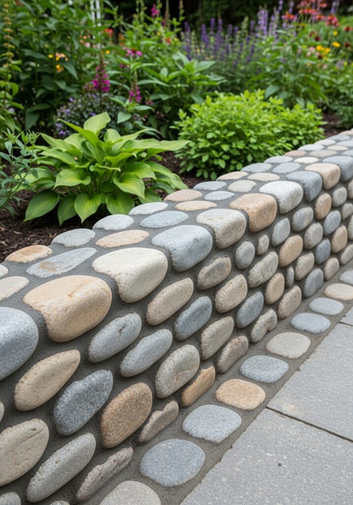 River stones mortared together creating permanent formal garden border