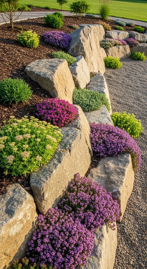 Natural rock garden with large boulders and colorful alpine plants on sloped backyard terrain