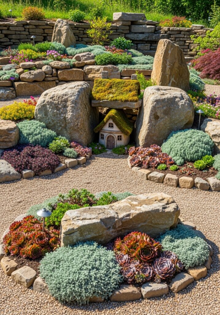 Fairy garden integrated into rock garden with alpine plants