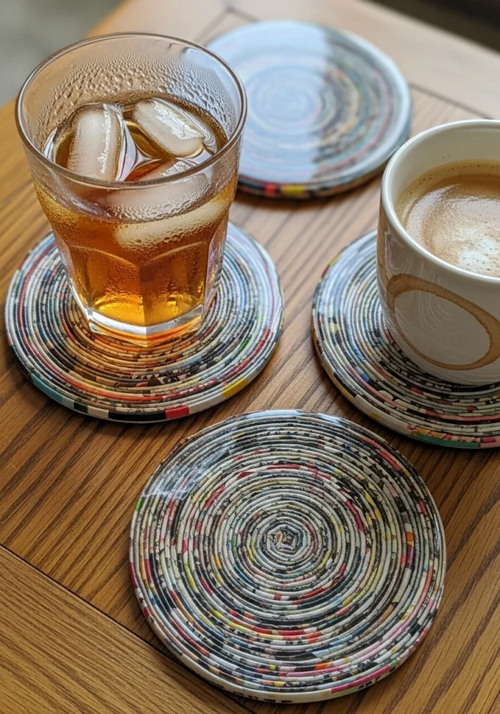 Colorful coasters made from rolled magazine pages with glossy finish