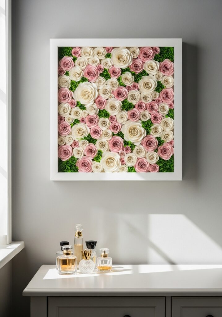 Shadow box filled with cream and pink rolled paper roses
