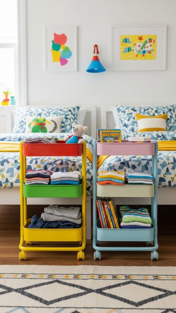 Individual rolling carts for each child in shared bedroom providing mobile personal storage that moves independently