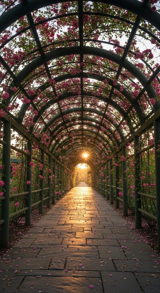  Pink climbing roses covering garden arbor with blooms cascading down creating romantic pathway