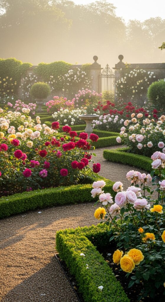 David Austin roses in various colors with large cupped blooms in formal rose garden layout
