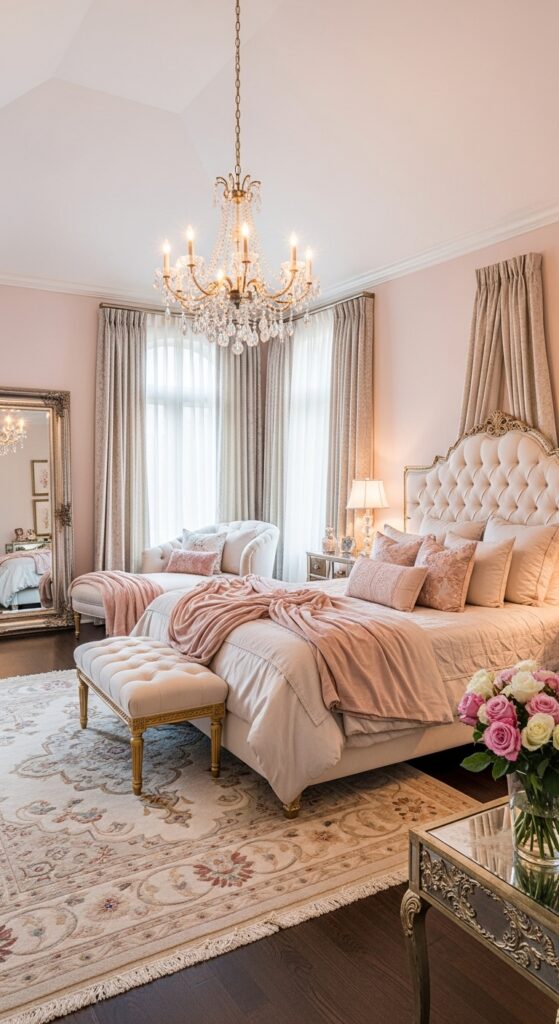 Romantic master suite with chandelier, plush furniture, and soft blush colors