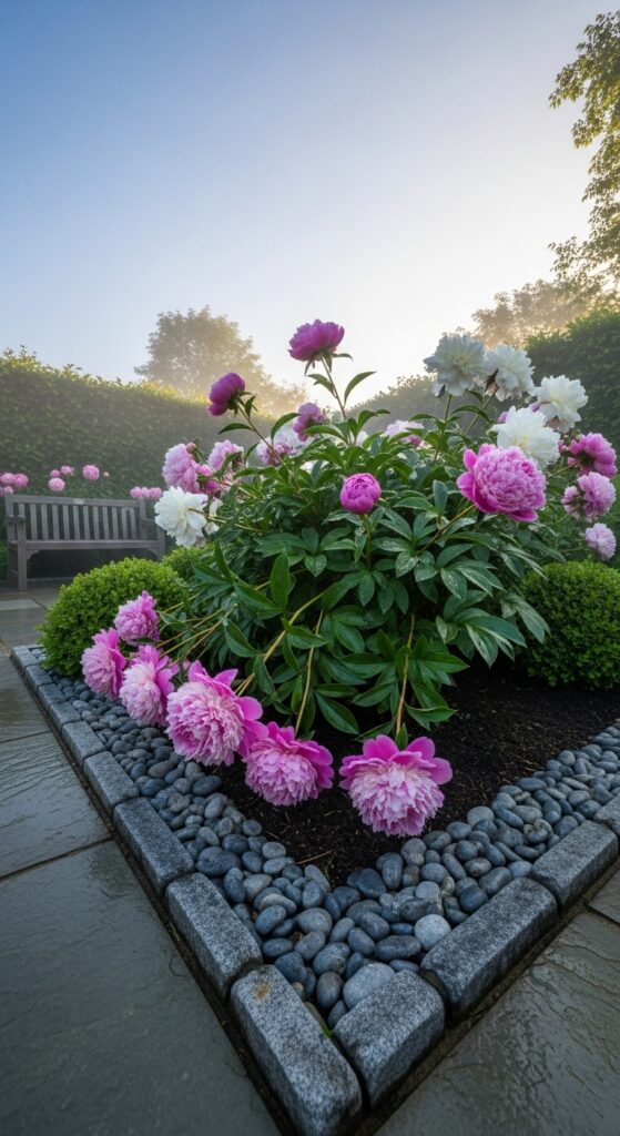 Lush peony bushes with large pink and white blooms in garden corner with stone bench