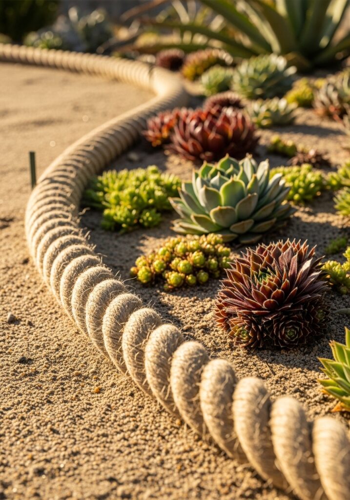 Thick manila rope creating nautical-style curved garden border