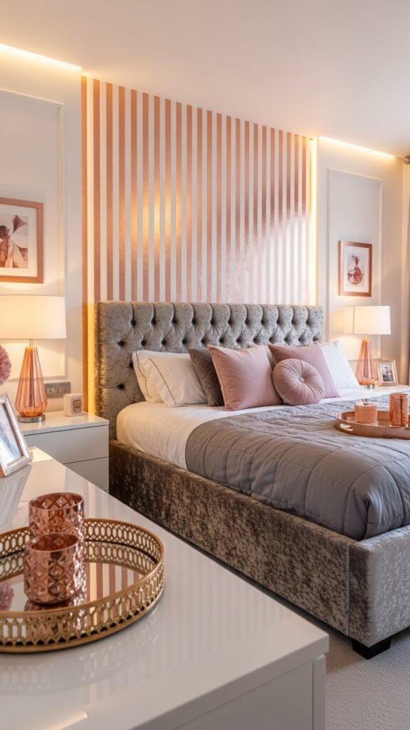 Rose gold metallic vertical stripe wallpaper accent wall in glamorous feminine bedroom