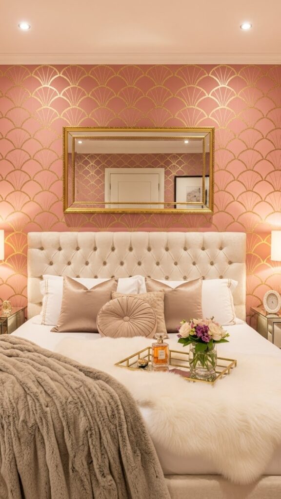 Rose pink scallop pattern wallpaper with gold metallic detail in glamorous bedroom