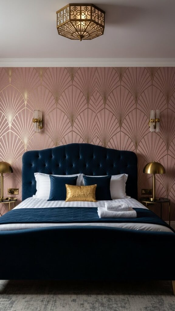 Rose quartz Art Deco geometric wallpaper with gold lines in sophisticated vintage bedroom

