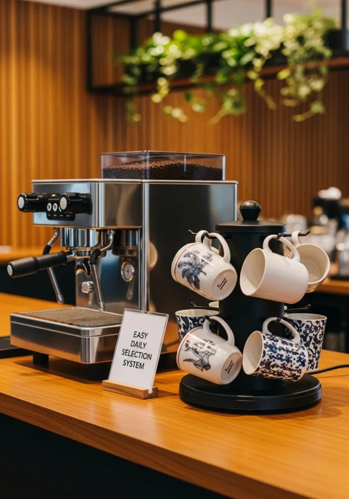 Coffee bar with rotating mug display stand for easy daily selection
