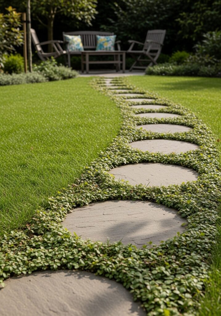 Individual round stepping stones creating informal pathway through green lawn to garden seating area