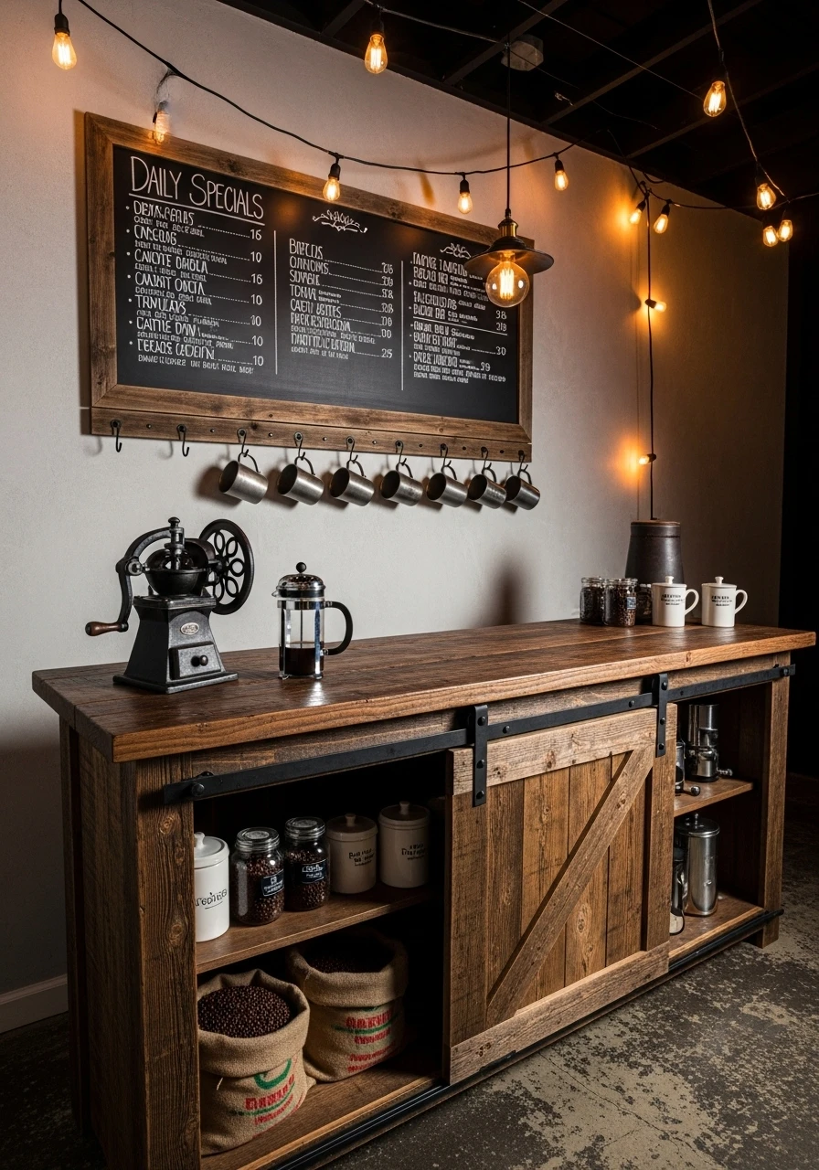 Rustic coffee bar with sliding barn door cabinet, reclaimed wood counter, and vintage coffee equipment