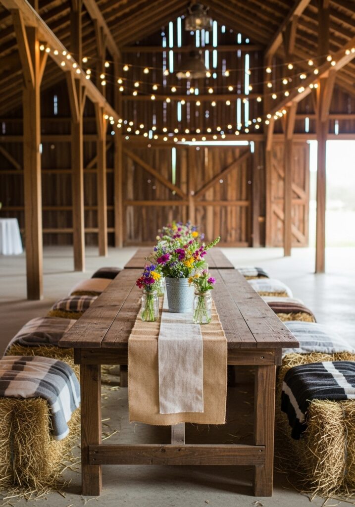 Rustic farmhouse baby shower in barn with burlap and wildflower decorations