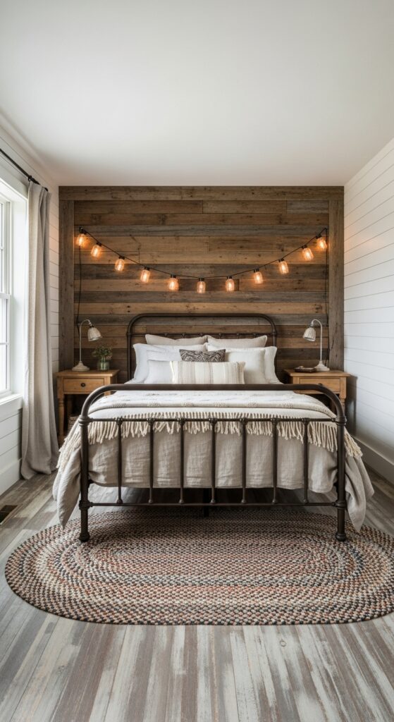 Rustic farmhouse bedroom with reclaimed wood wall and vintage metal bed frame