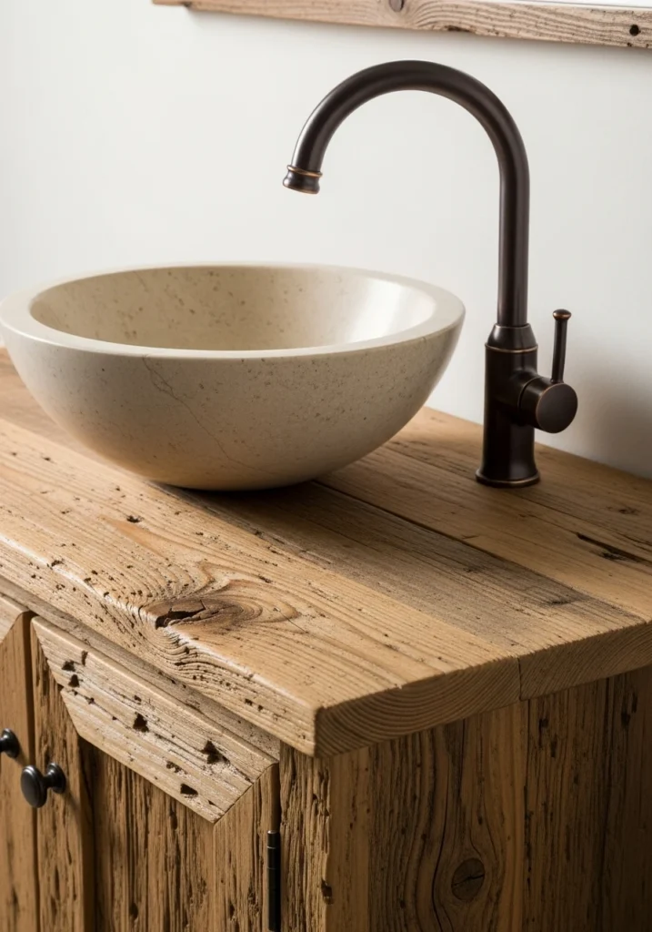Rustic reclaimed wood bathroom vanity with stone countertop and natural texture