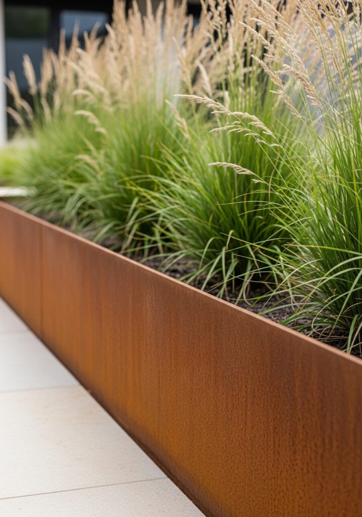 Rusted metal edging with natural patina creating industrial garden border