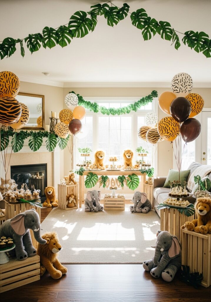Safari adventure baby shower with animal decorations and jungle themed setup