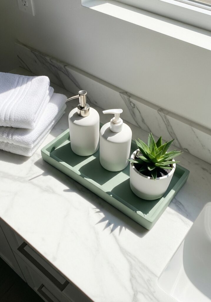 Rectangular sage green air dry clay bathroom tray organizing soap and lotion on counter