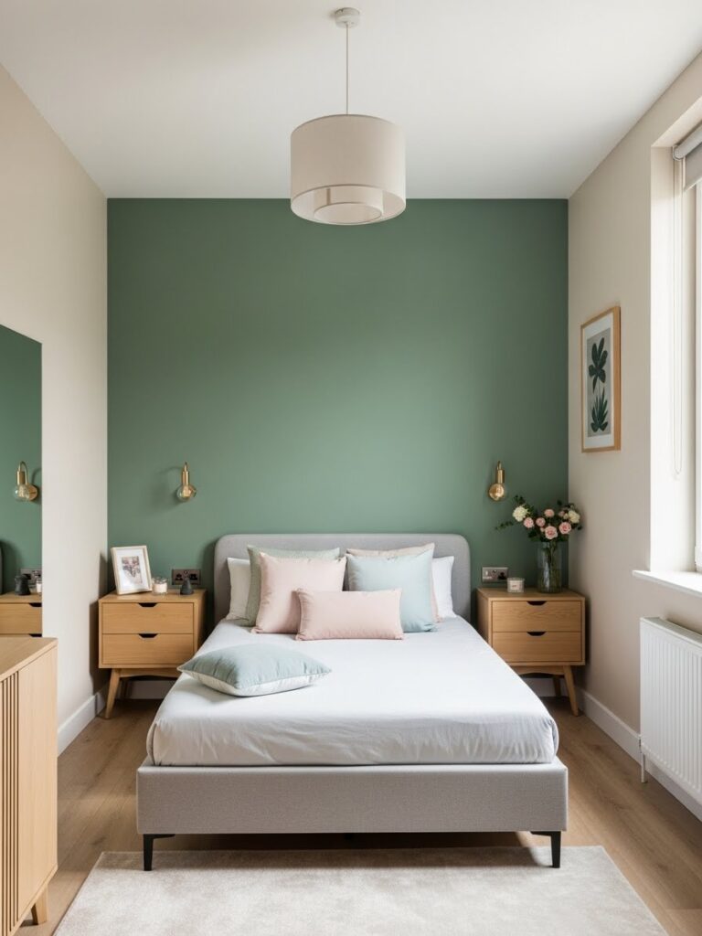 Sage green bedroom color ideas for small rooms with calm and modern full room view