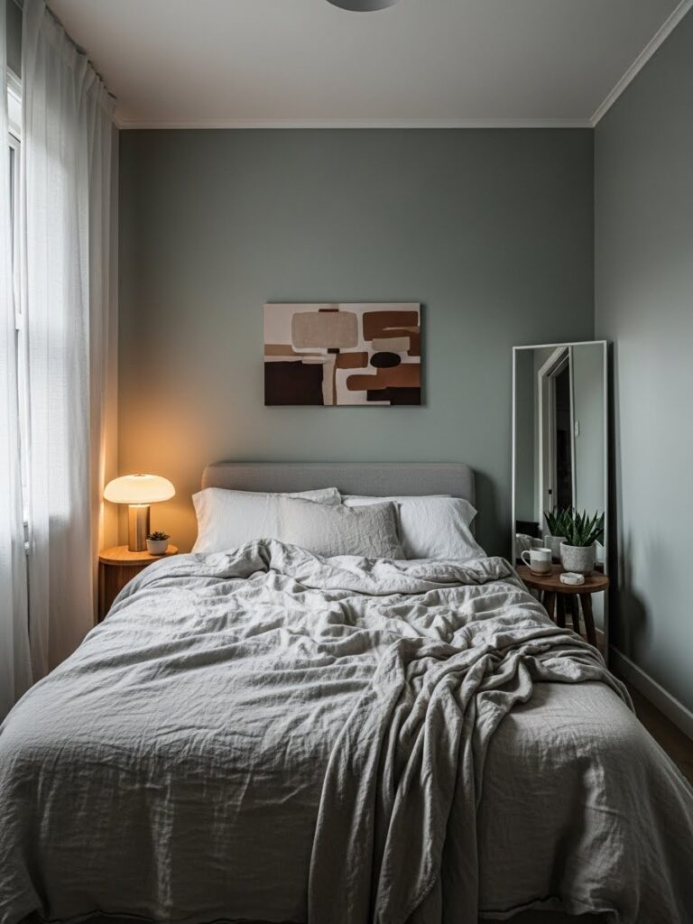 Modern sage green bedroom palette designed to make small rooms feel open