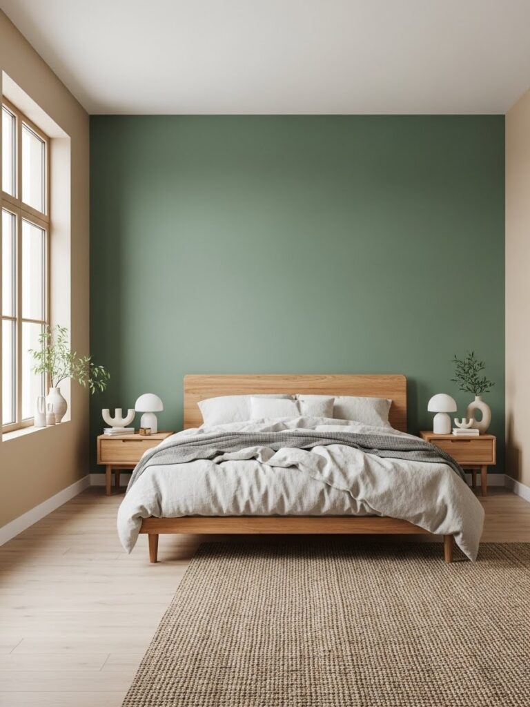 Sage green and beige modern bedroom color palette with a calm full room view