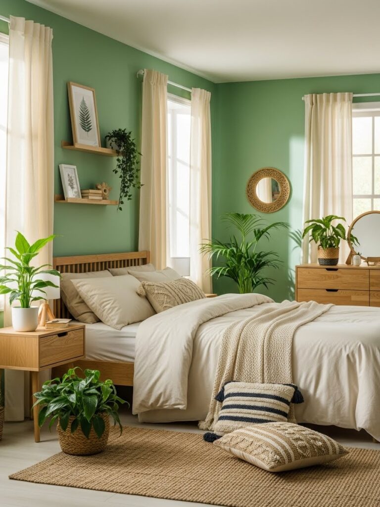 Sage green and cream bedroom with calm aesthetic and natural textures