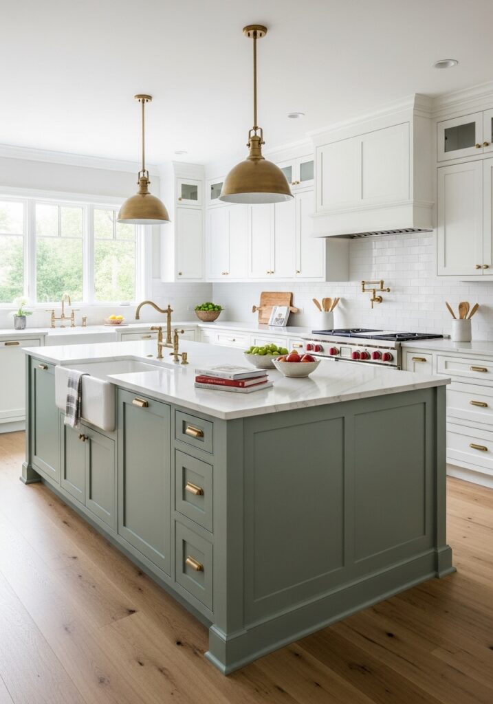 Sage green painted kitchen island with white perimeter cabinets
