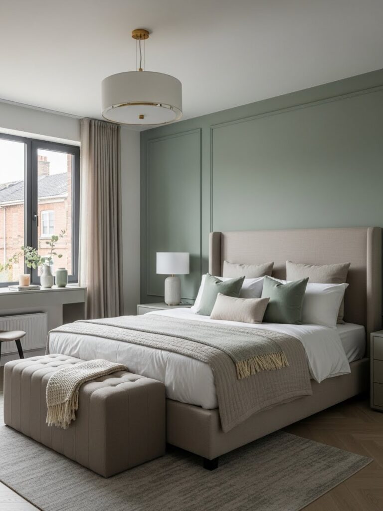 Nature-inspired modern bedroom with sage green and beige color palette