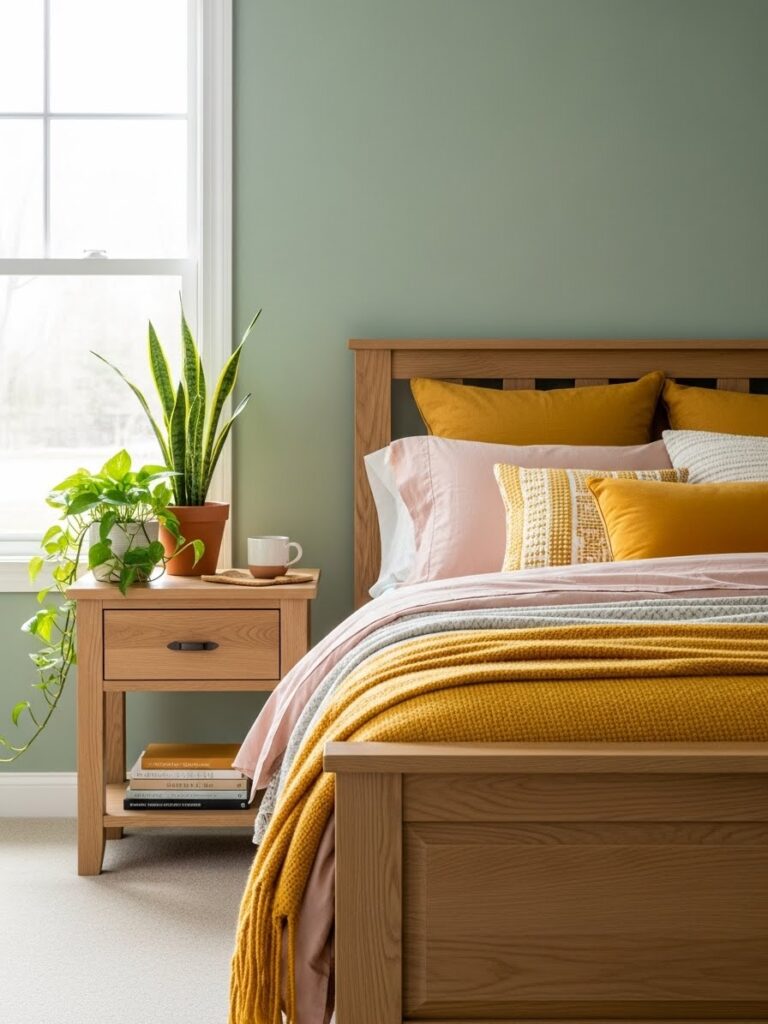 Sage green bedroom with natural wood furniture and colorful 2026 accents