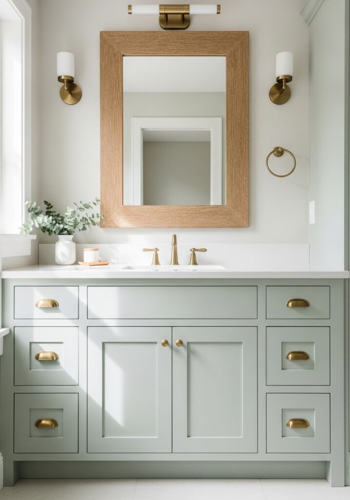  Sage green painted bathroom vanity with brass fixtures and white countertop