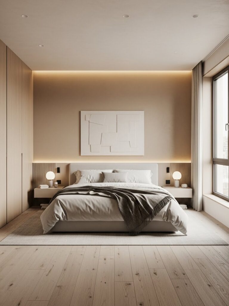 Sand and soft beige bedroom color palette with an airy modern full room view