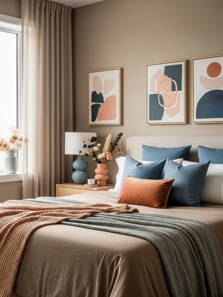 Sand and warm taupe bedroom with soft colorful accents