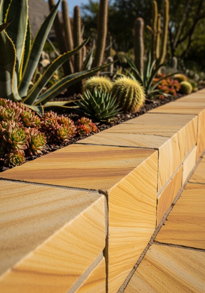 Golden sandstone slabs creating warm-toned desert garden border