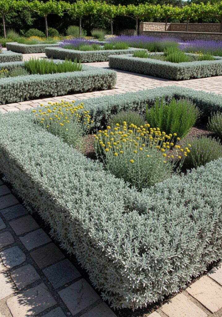 Santolina creating silvery aromatic living border for Mediterranean garden