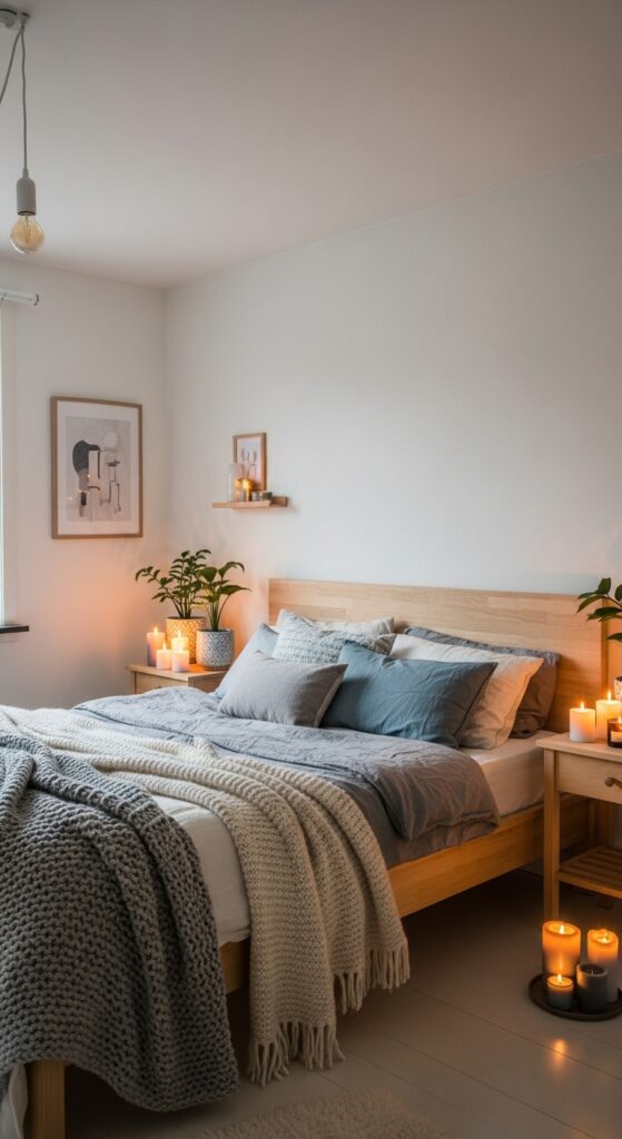 Scandinavian hygge bedroom with white walls, light wood, and cozy textiles