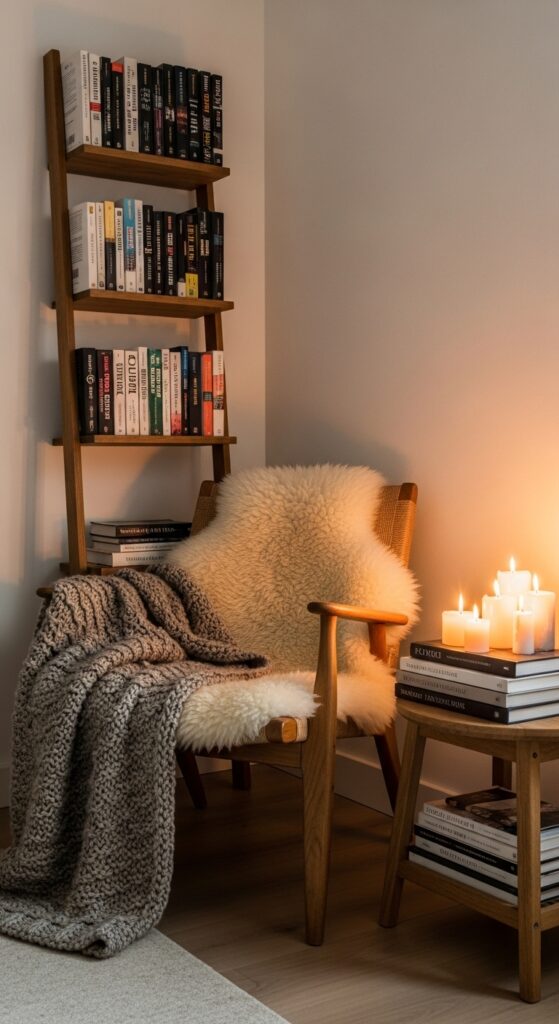 Scandinavian hygge reading corner with sheepskin chair, knit blanket, and warm candlelight