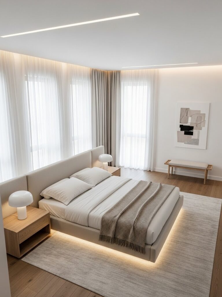 Scandinavian-style modern bedroom with white, beige, and wood color palette