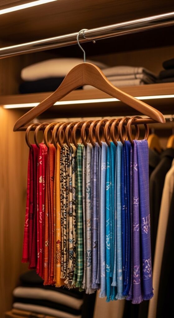 Multi-loop scarf hanger organizing scarves tangle-free in closet

