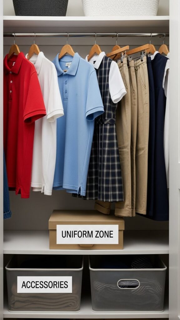 Dedicated school uniform station in kids closet with all uniform pieces grouped together