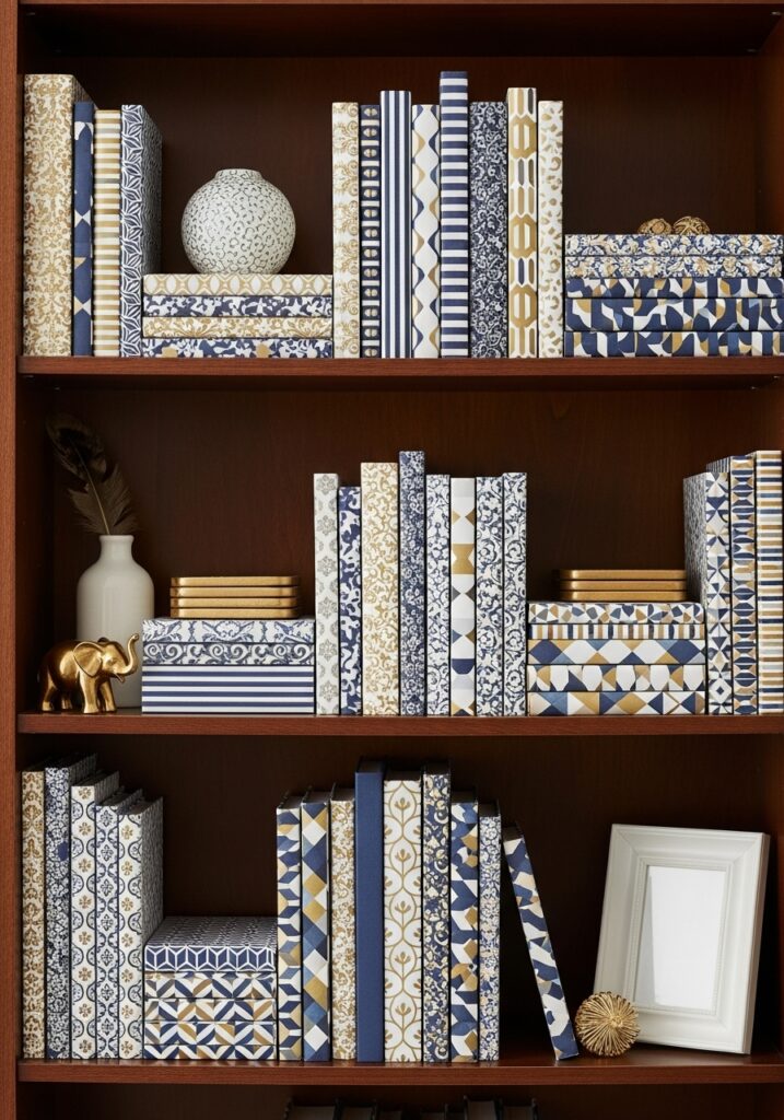 Books covered in coordinating navy and gold scrapbook paper on shelf