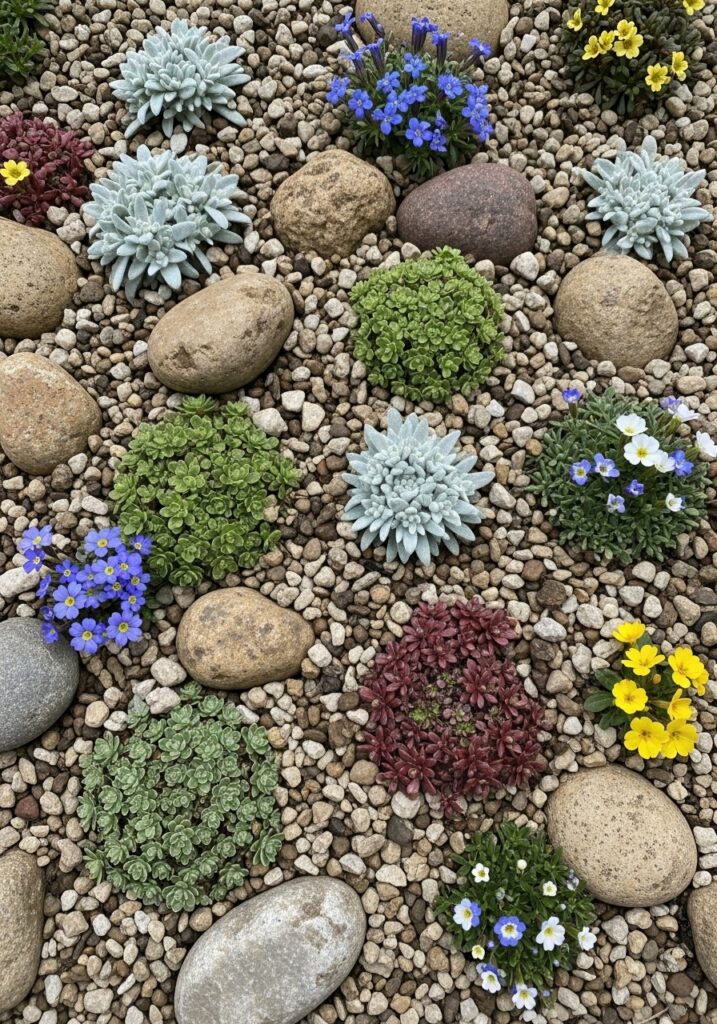 Scree garden detail with alpine plants growing through fine gravel and stones

