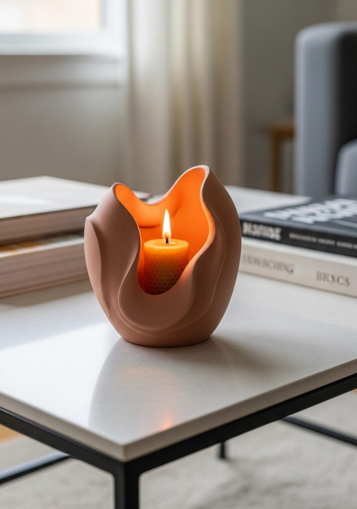 Sculptural abstract shaped air dry clay candle with beeswax in terracotta on table