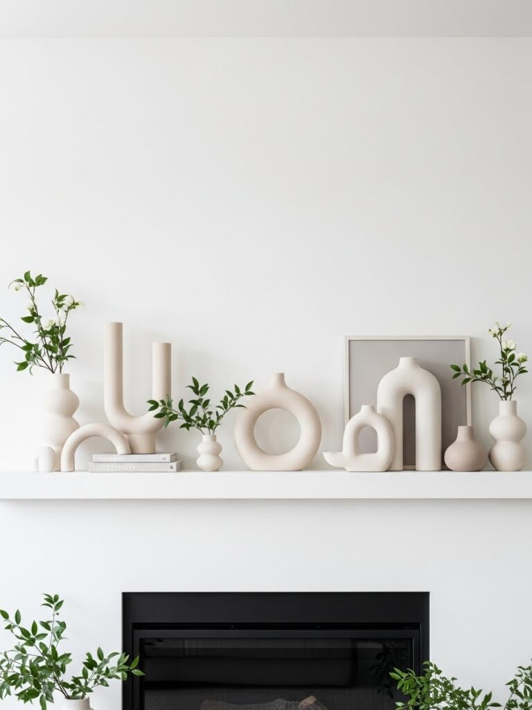 Sculptural decor pieces styled on a spring mantel in a modern living room