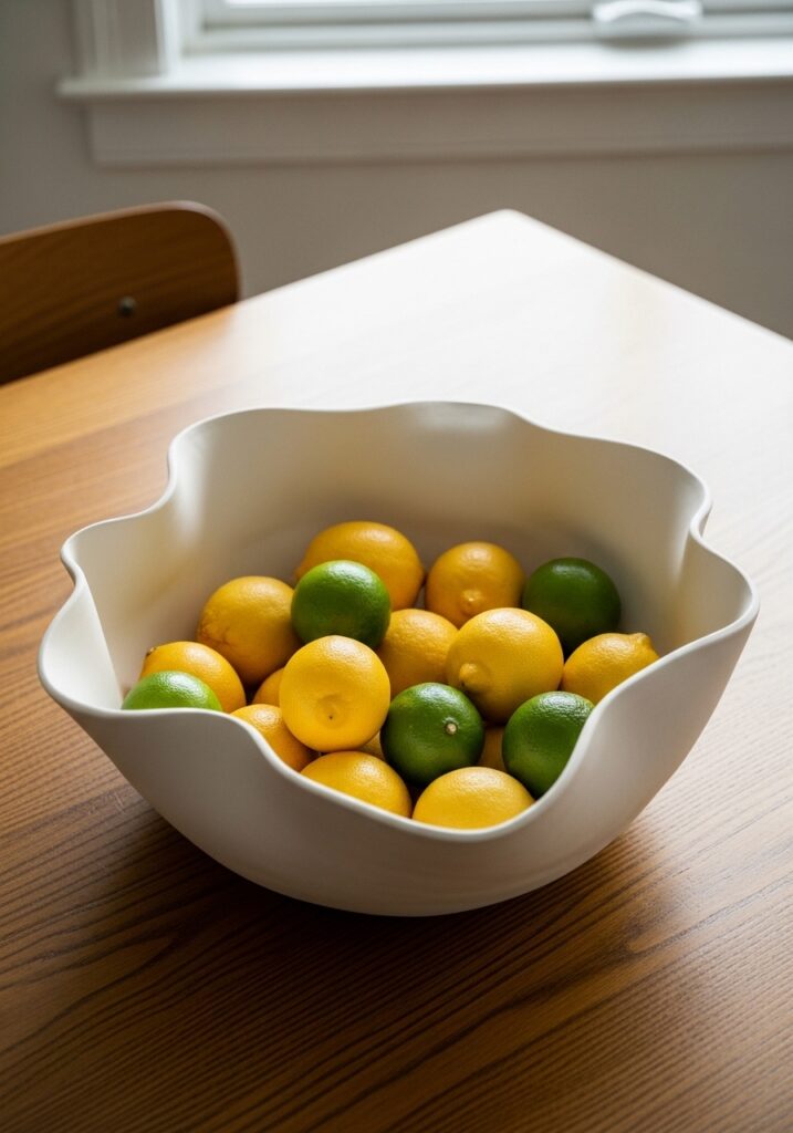 Large sculptural air dry clay bowl with wavy edges filled with citrus fruit on table