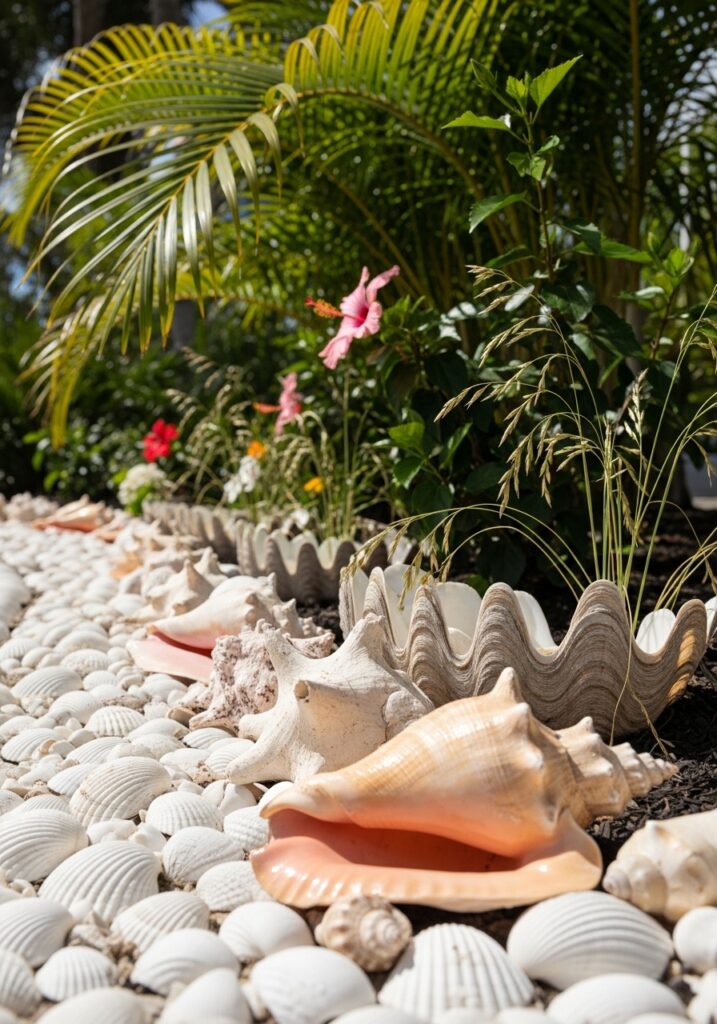 White seashell border creating coastal cottage garden edge decoration