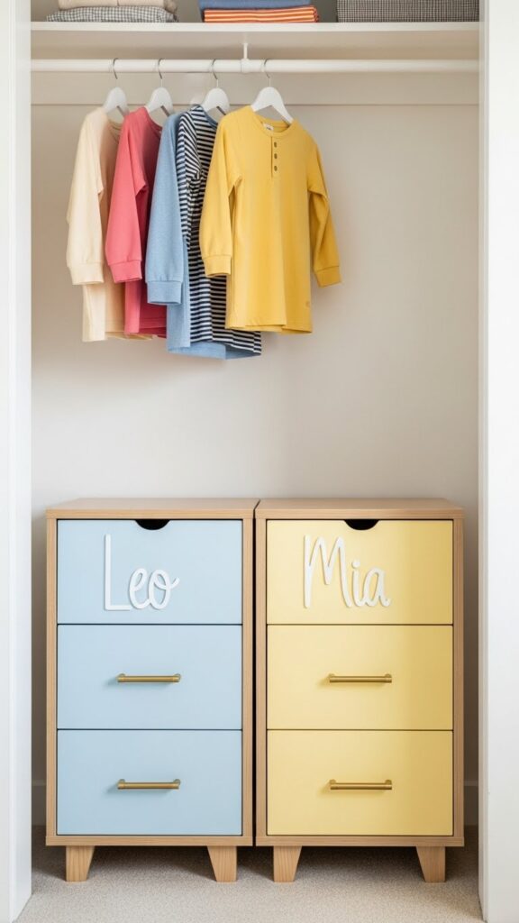 Two separate dresser units in shared bedroom giving each child individual clothes storage space